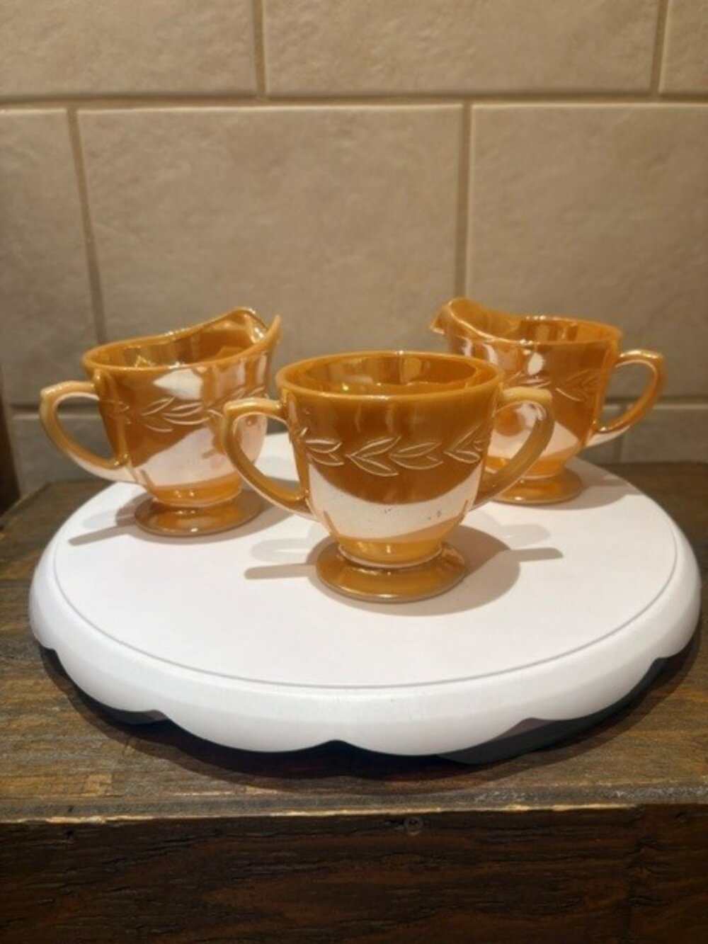 Vintage Anchor Hocking Fire King Oven Peach Sugar and Creamer Set 3 Pcs